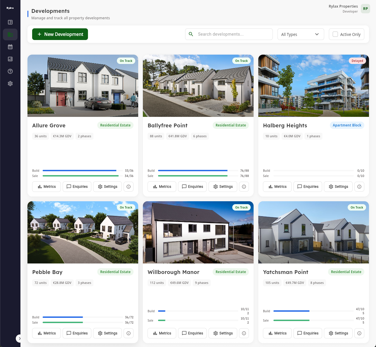 Rylax Platform - Multi-development portfolio management dashboard showing multiple residential developments with metrics, phases, and property counts