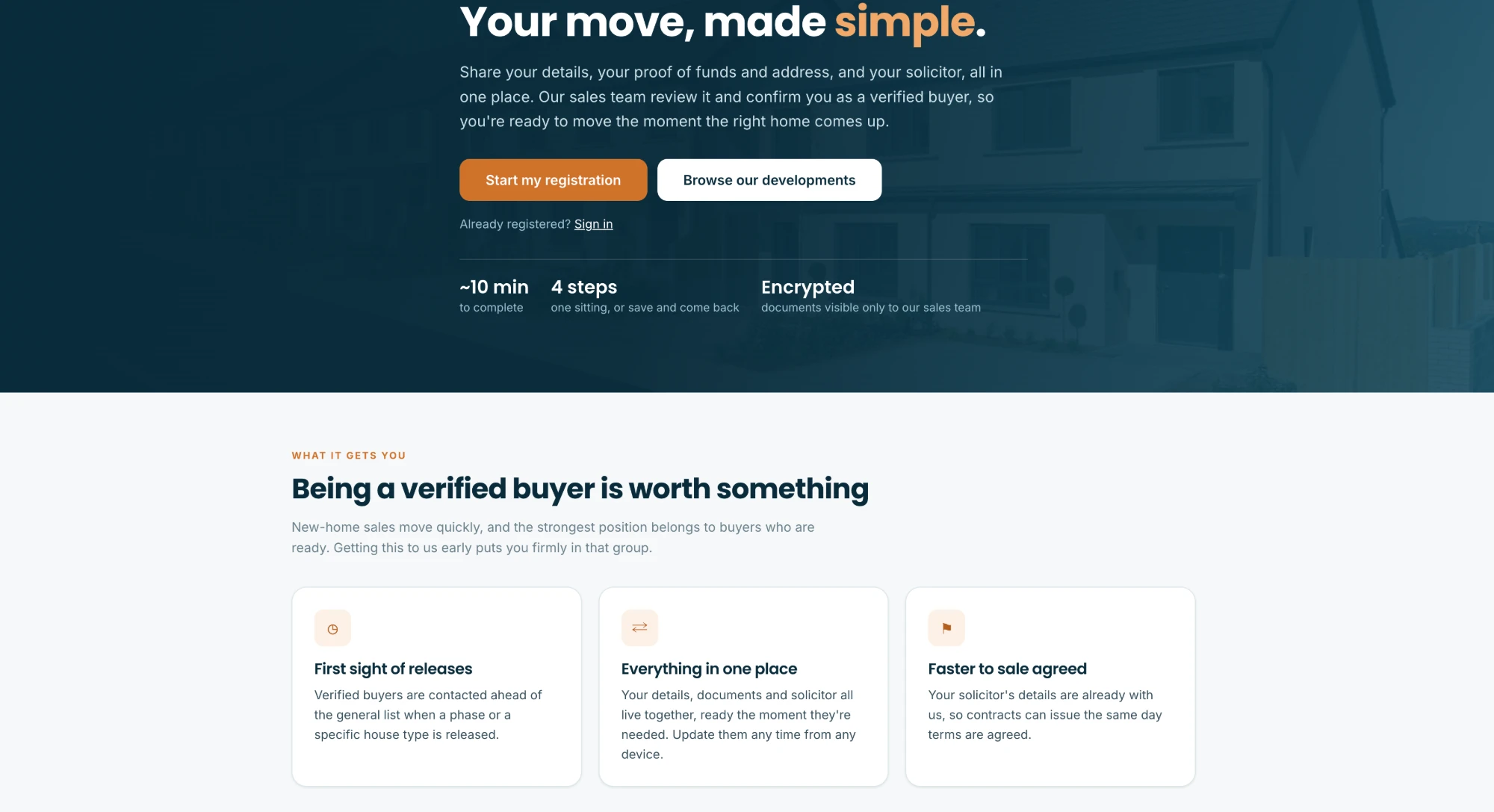 The buyer registration landing page: Your move, made simple, with start registration and browse developments actions and time, steps and encryption highlights