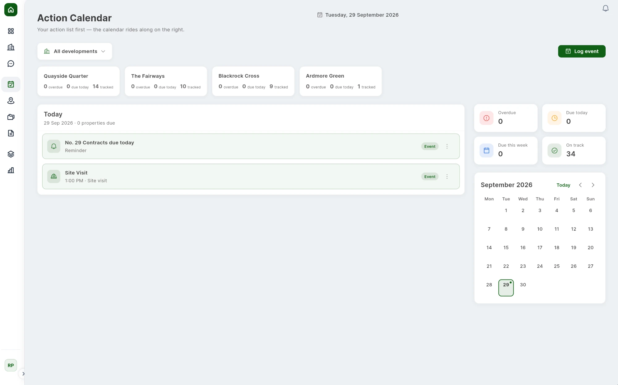 The Action Calendar: an action list with today's reminders and site visit, per-development tracked counts, overdue and due-today tiles, and a month calendar