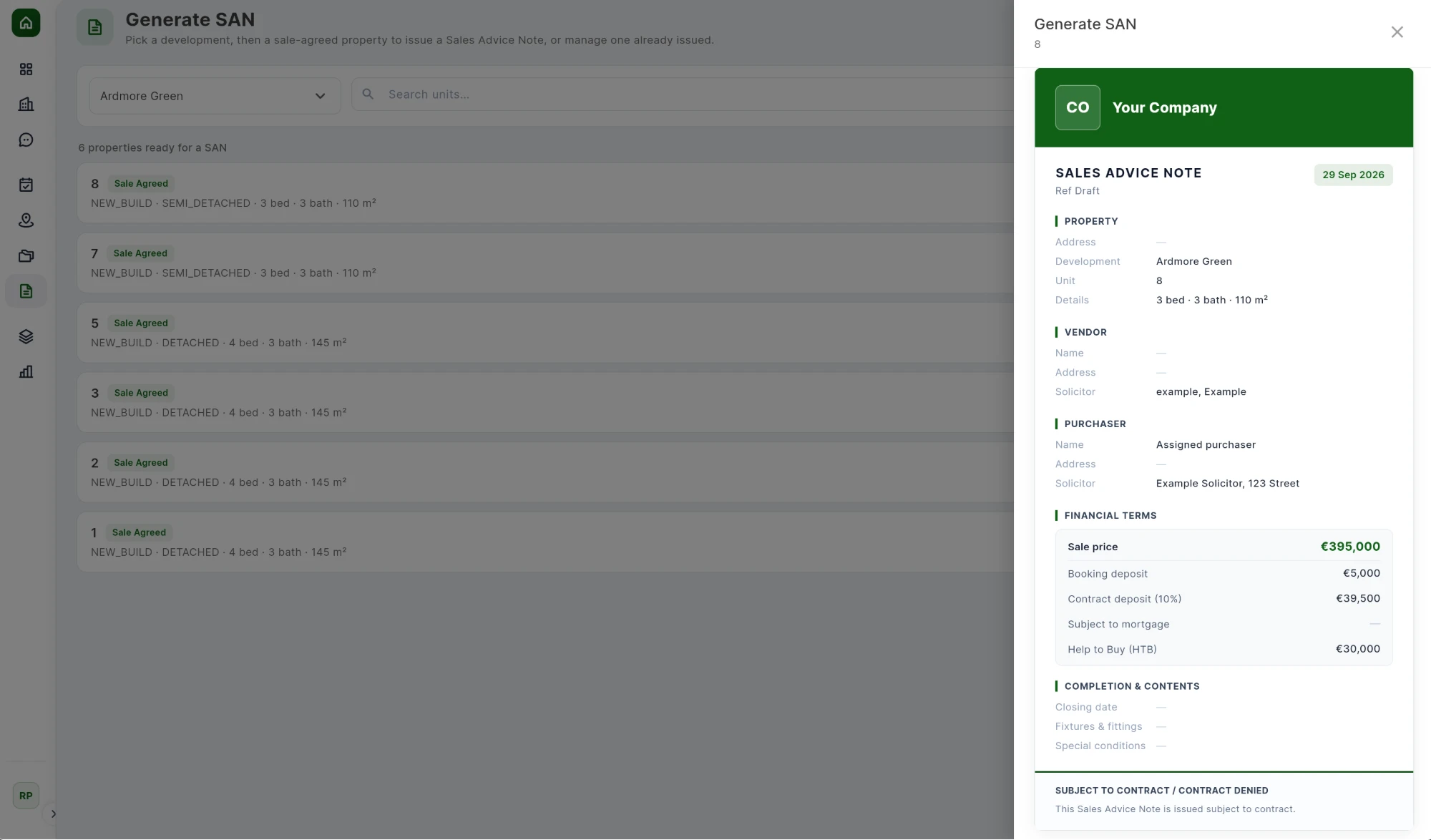 The Generate SAN screen: a list of sale-agreed units ready for a Sales Advice Note, and a branded SAN preview with property, vendor, purchaser and financial terms